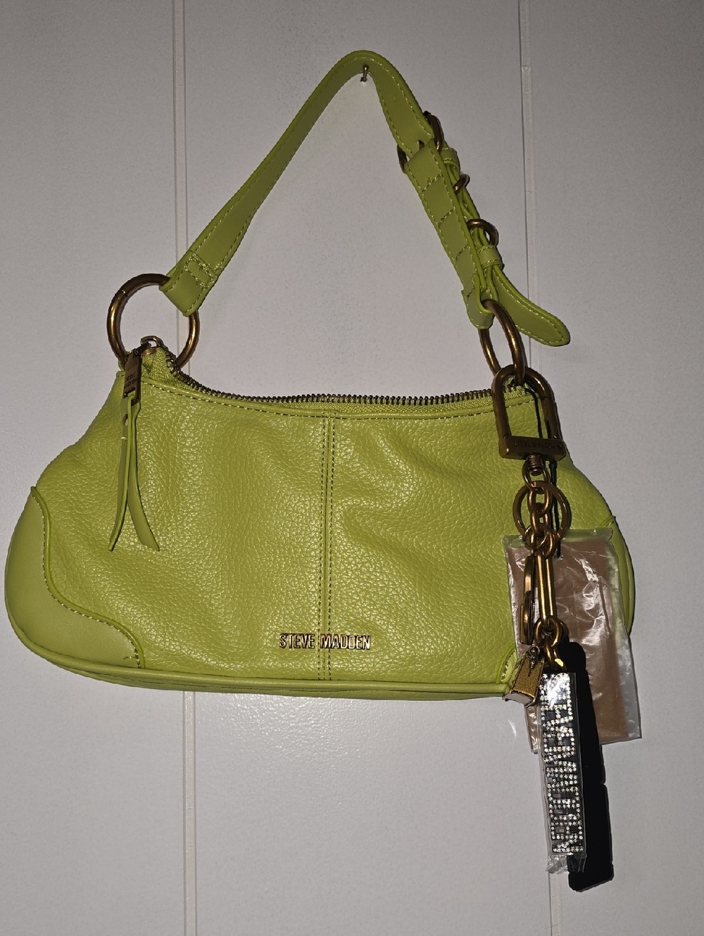 Steve Madden Neon Green Pebbled Leather Mini Shoulder Bag with Charm